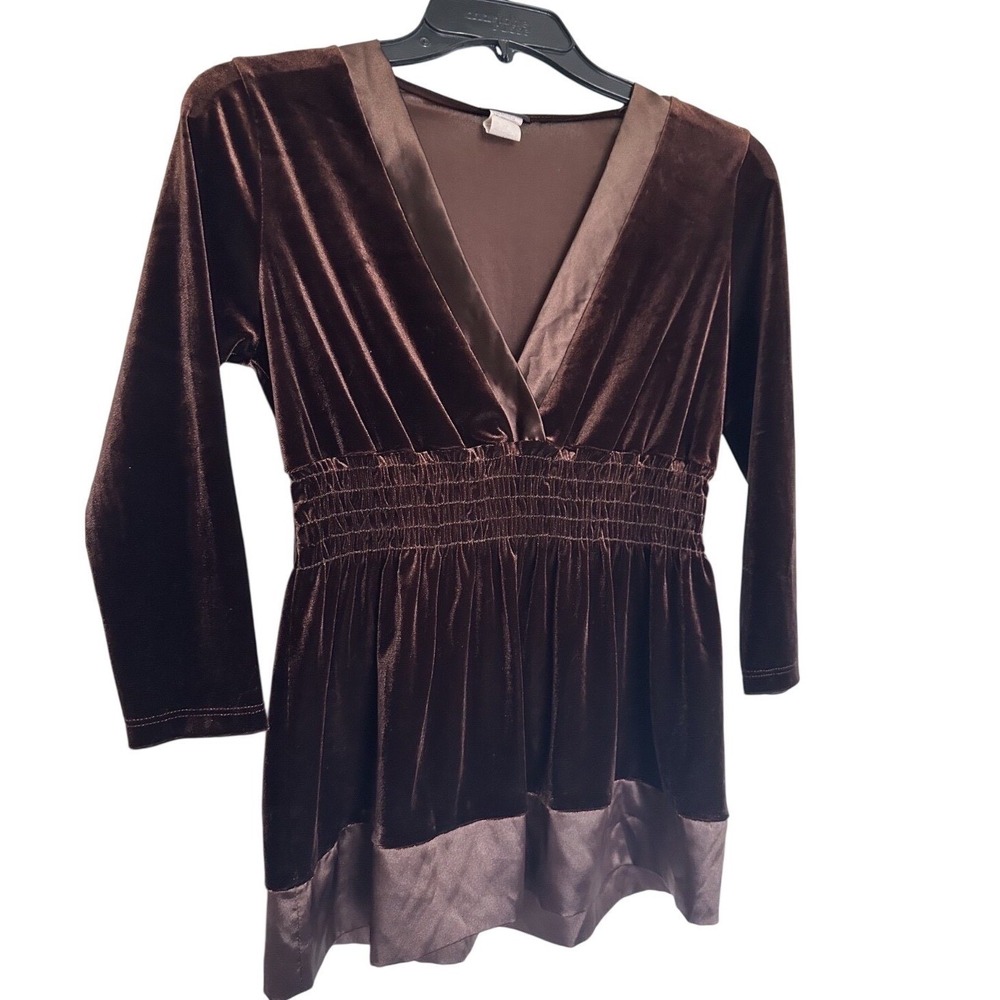 Agenda Chocolate Brown‎ Velvet Peplum Top Satin Trim V Neck Smocked Waist